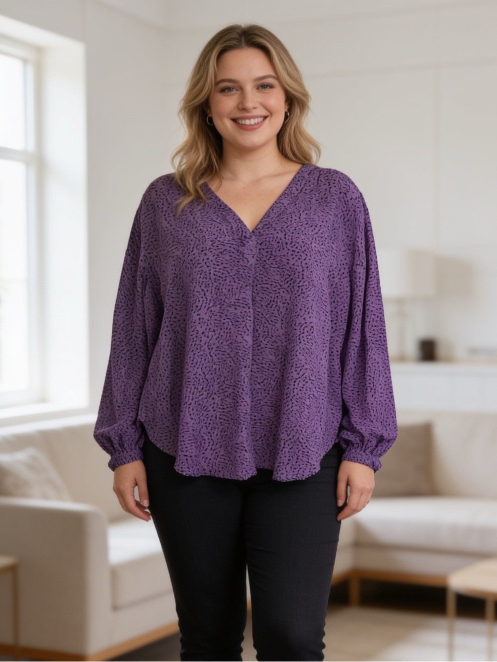 Liz Claiborne Purple Printed V-Neck Blouse XXL Long Sleeve
